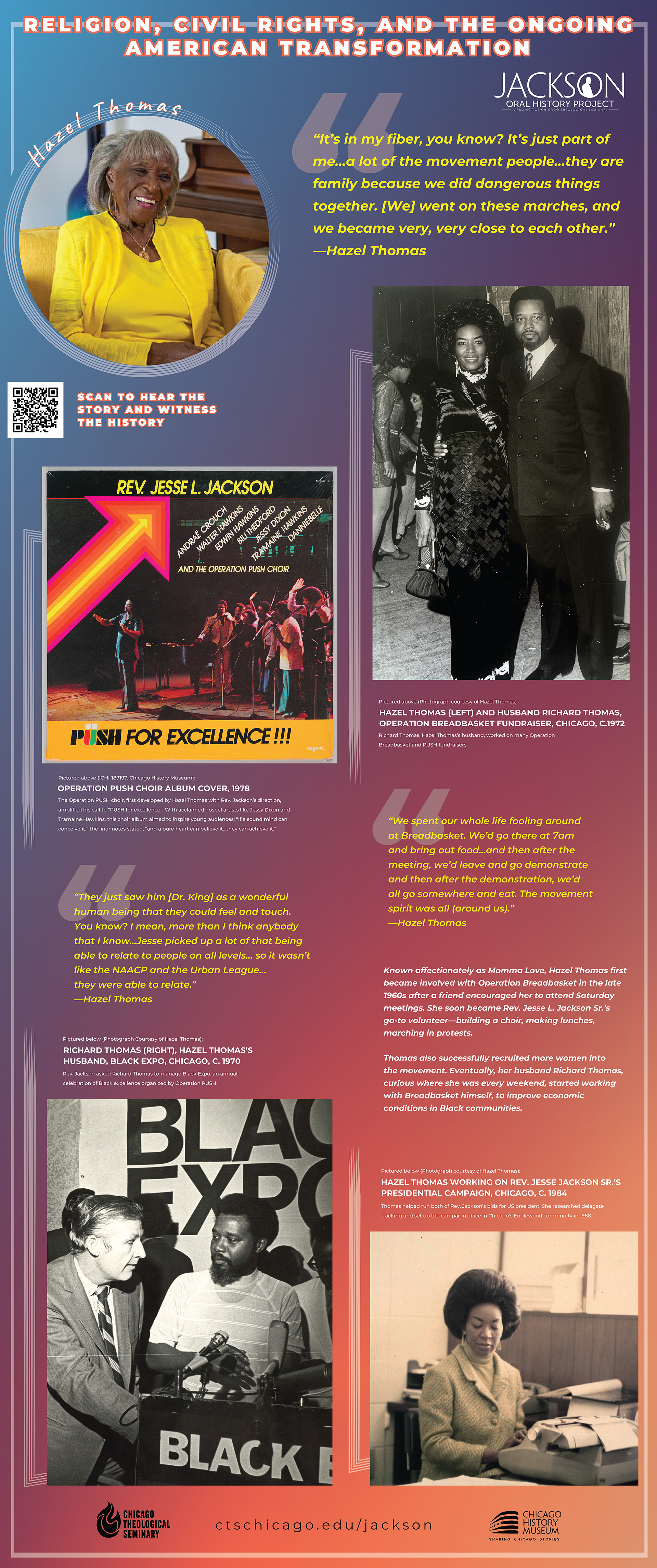 Rev. Jesse L. Jackson Oral History Project  exhibition featuring ten 33 by 80 inch pop-up banner panels displaying historical photographs, quotes, and QR codes linking to oral history video and audio recordings.